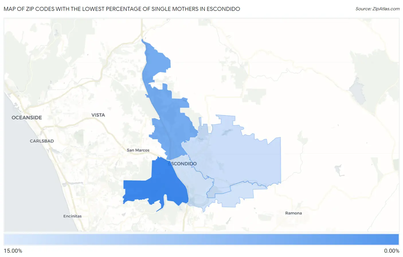 Zip Codes with the Lowest Percentage of Single Mothers in Escondido Map