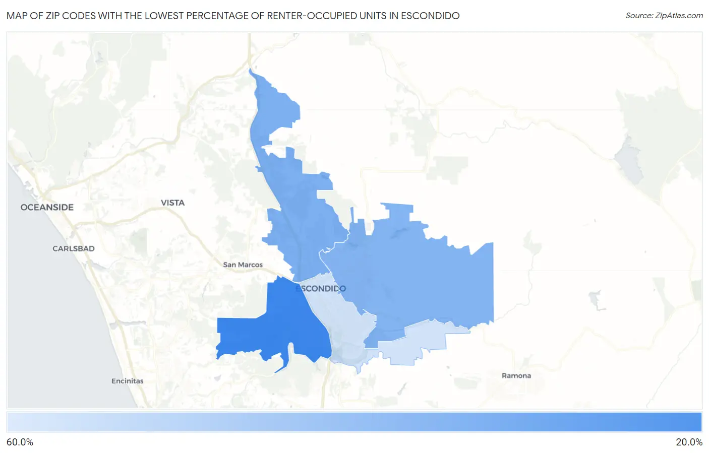 Zip Codes with the Lowest Percentage of Renter-Occupied Units in Escondido Map