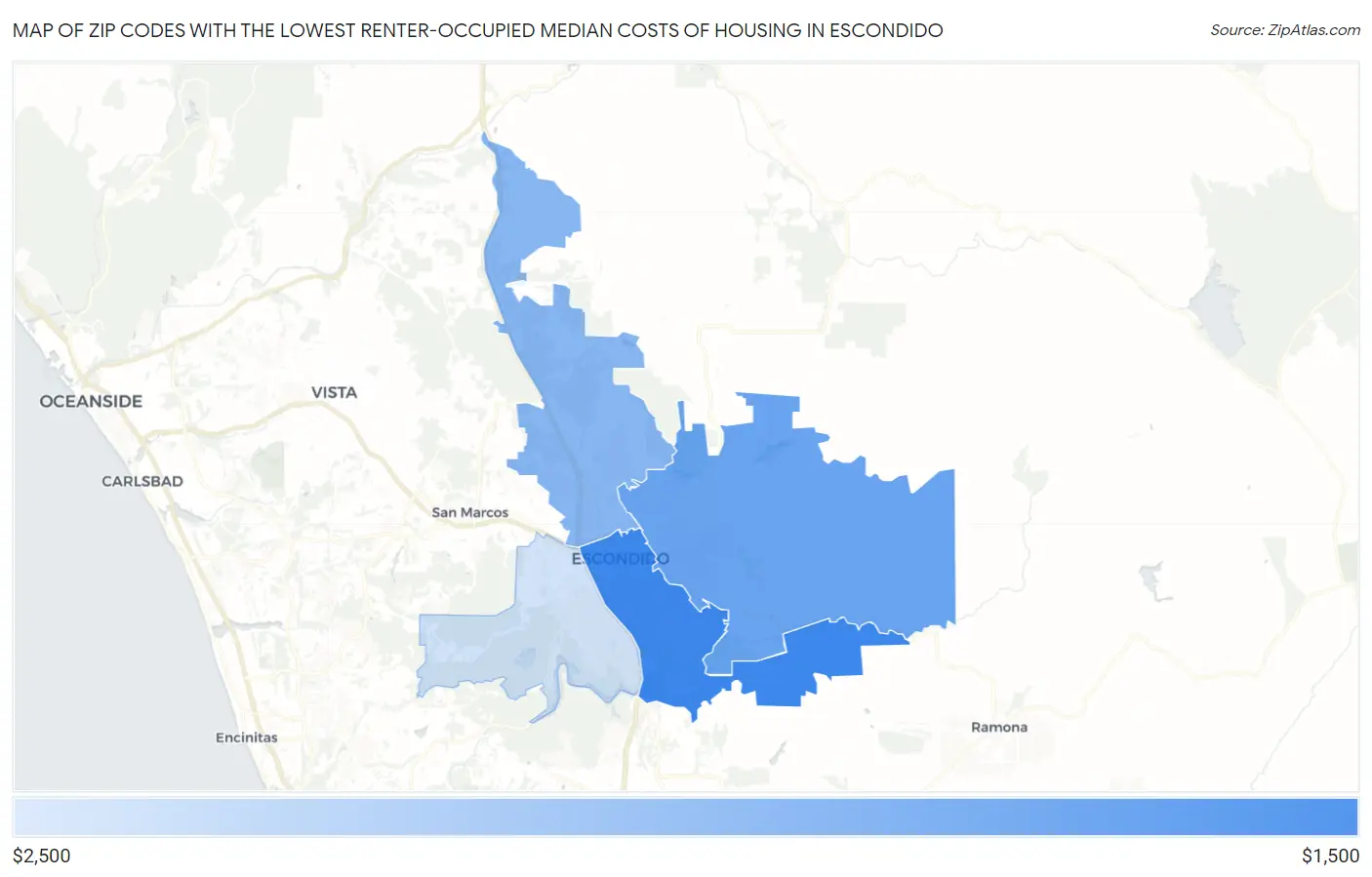 Zip Codes with the Lowest Renter-Occupied Median Costs of Housing in Escondido Map