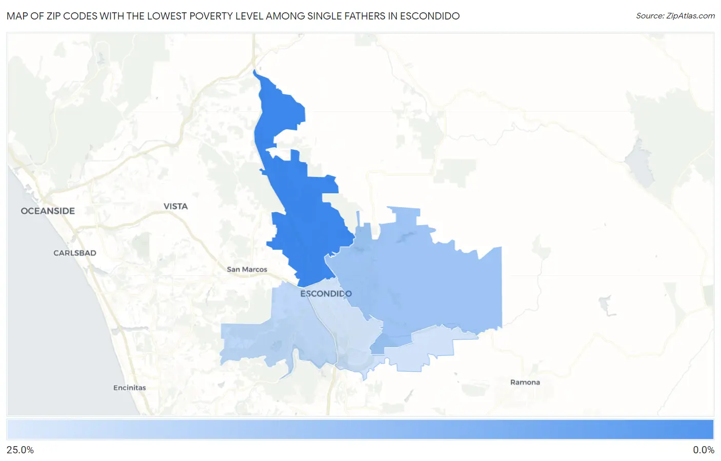 Zip Codes with the Lowest Poverty Level Among Single Fathers in Escondido Map