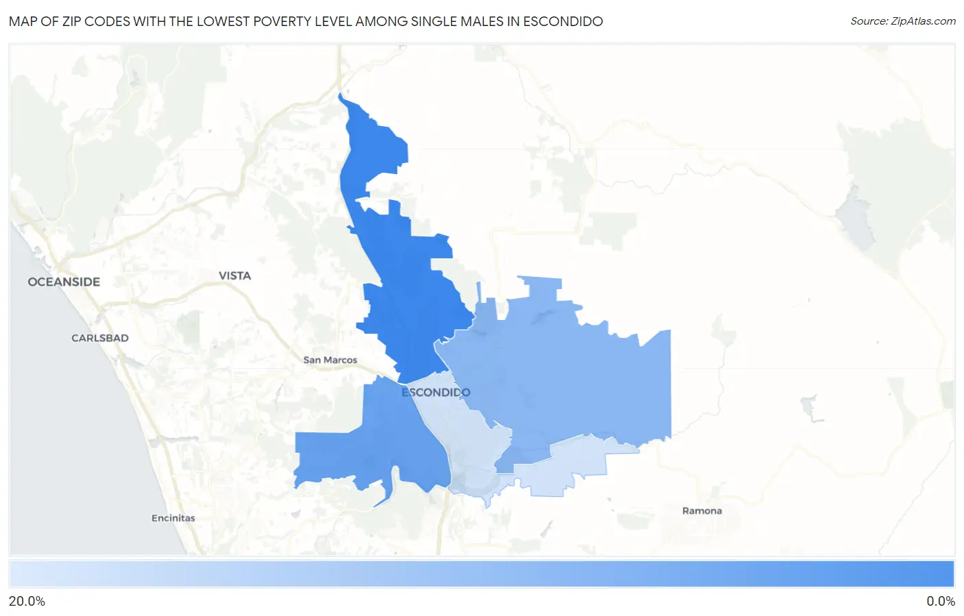Zip Codes with the Lowest Poverty Level Among Single Males in Escondido Map