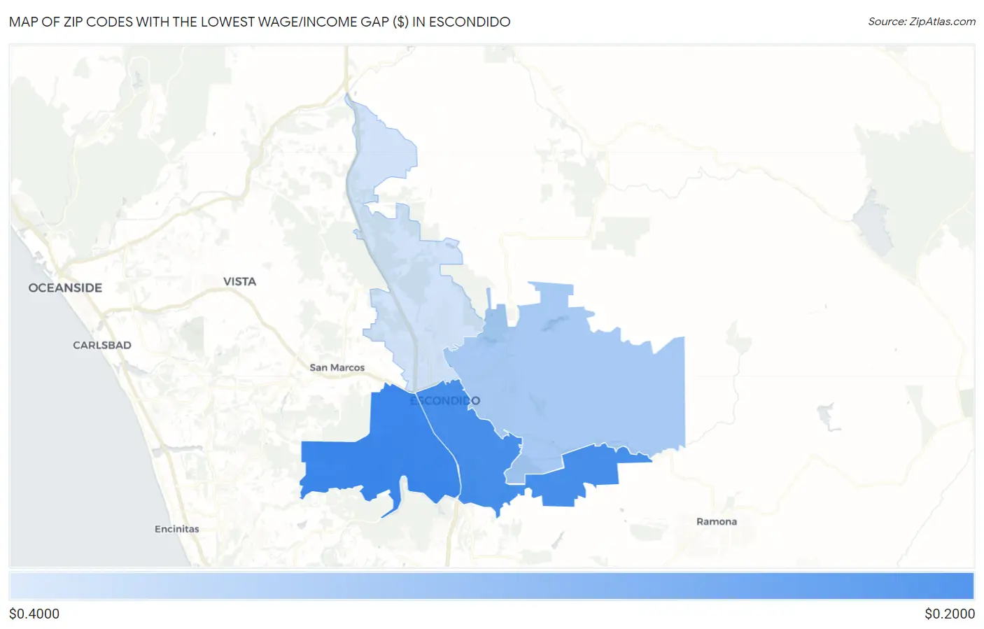 Zip Codes with the Lowest Wage/Income Gap ($) in Escondido Map