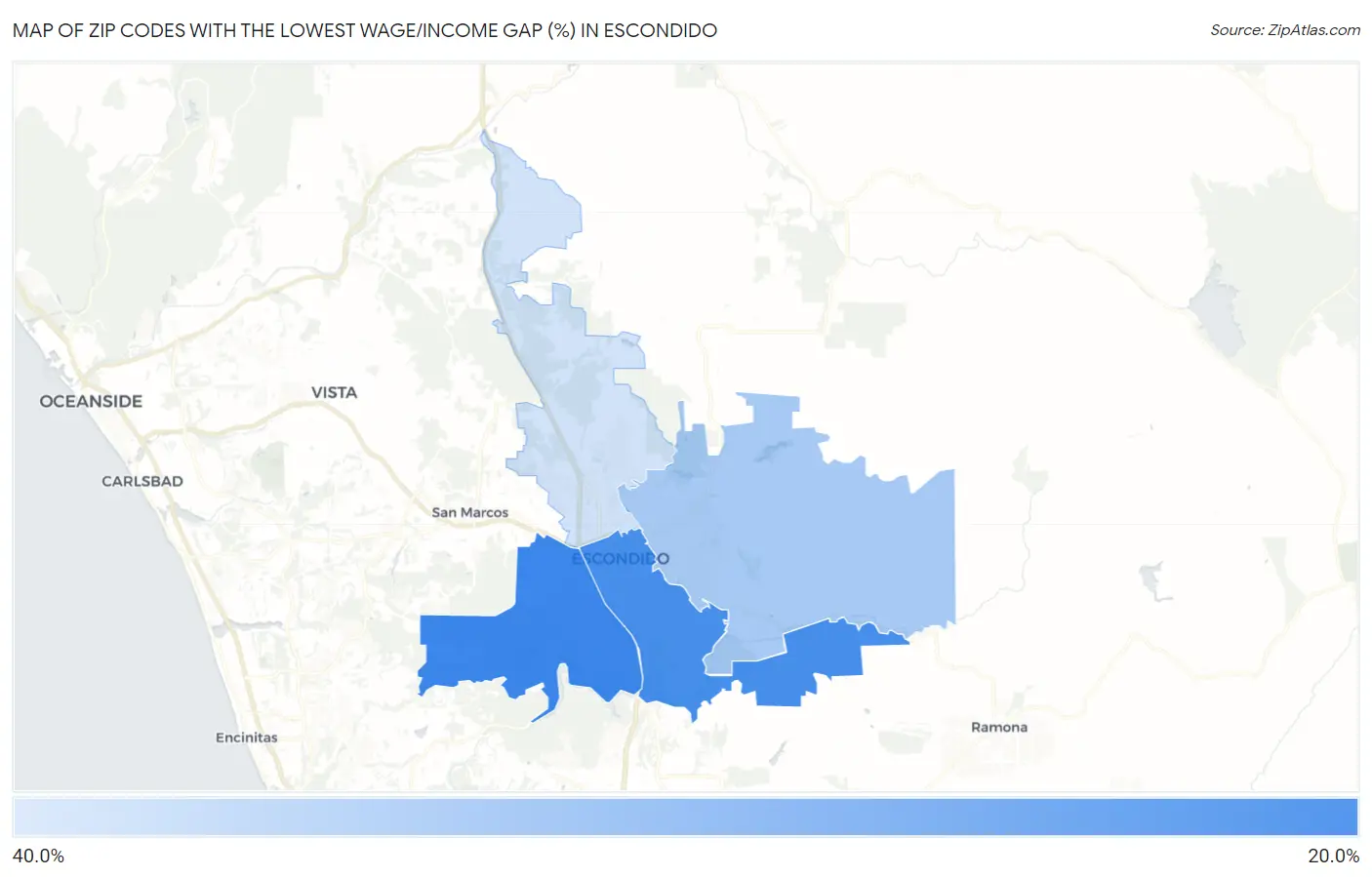 Zip Codes with the Lowest Wage/Income Gap (%) in Escondido Map