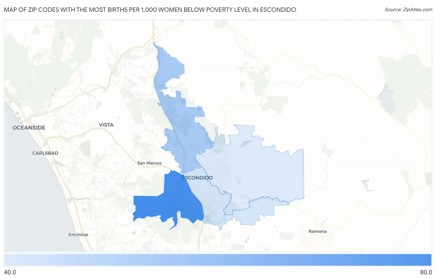 Zip Codes with the Most Births per 1,000 Women Below Poverty Level in Escondido Map