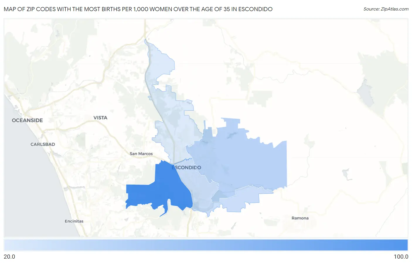 Zip Codes with the Most Births per 1,000 Women Over the Age of 35 in Escondido Map