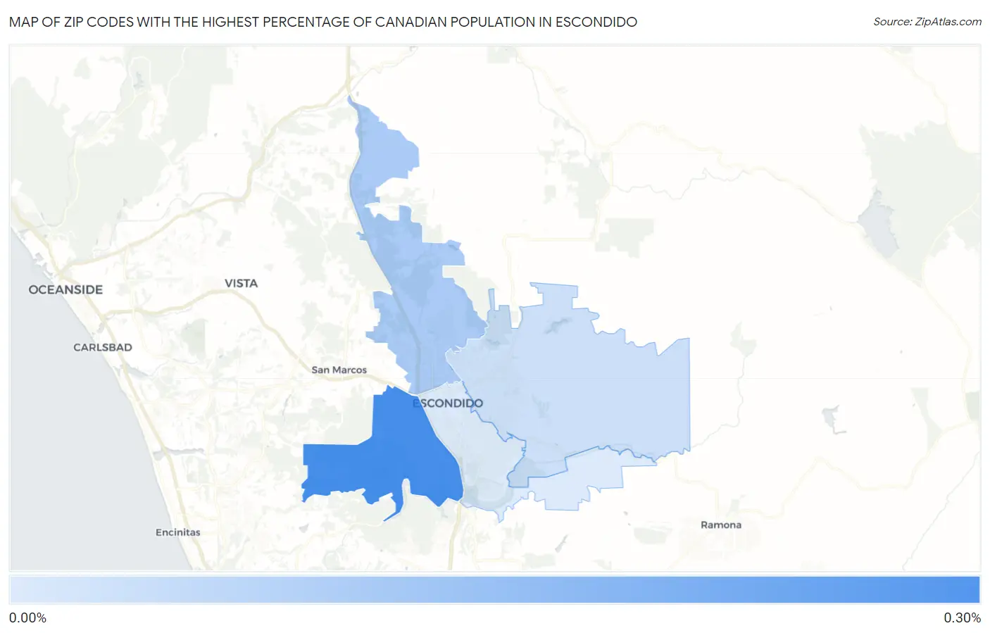 Zip Codes with the Highest Percentage of Canadian Population in Escondido Map