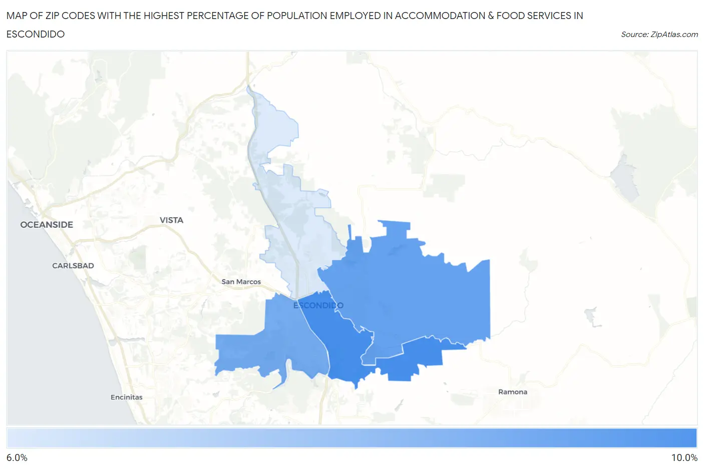 Zip Codes with the Highest Percentage of Population Employed in Accommodation & Food Services in Escondido Map