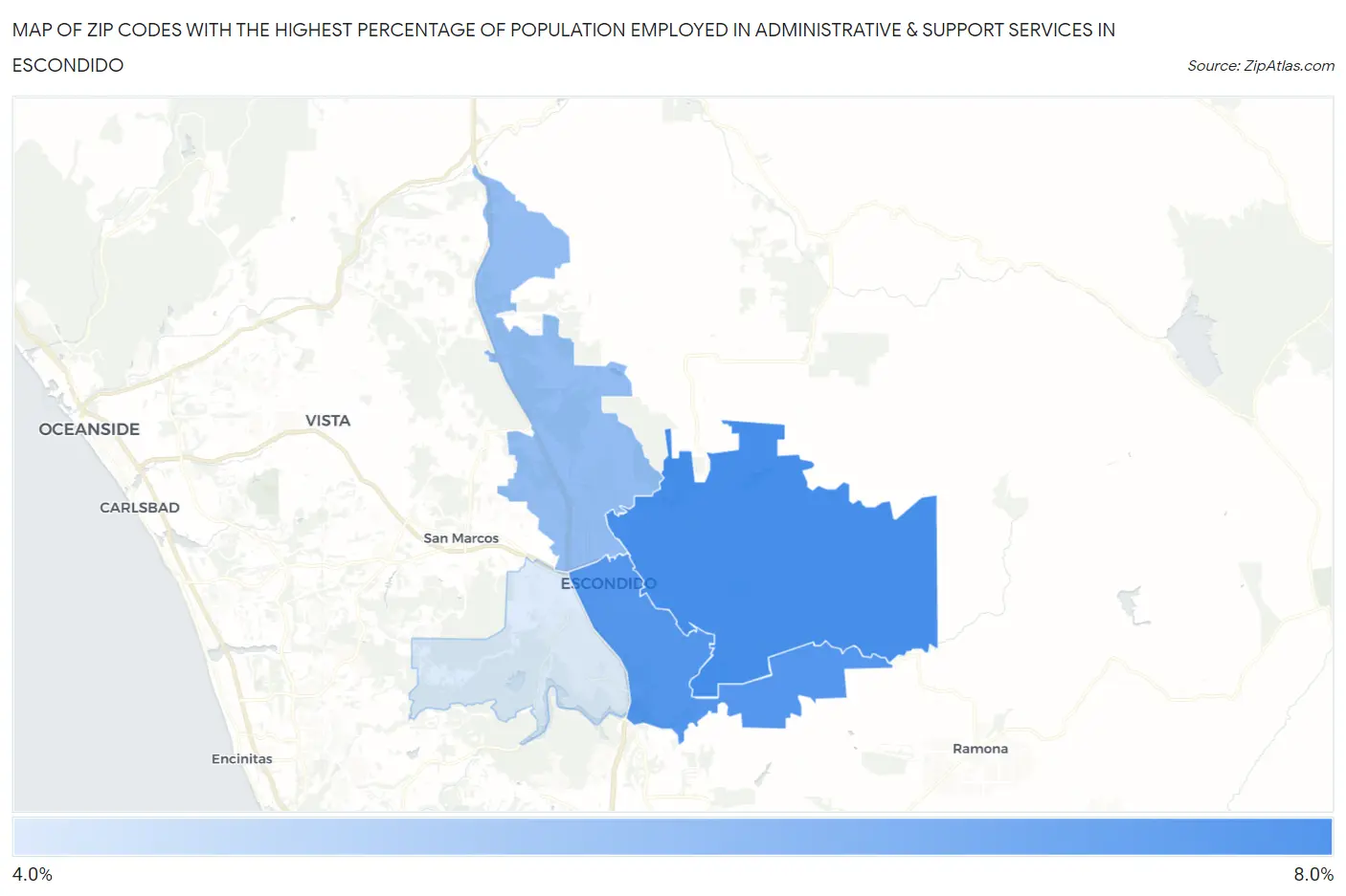 Zip Codes with the Highest Percentage of Population Employed in Administrative & Support Services in Escondido Map