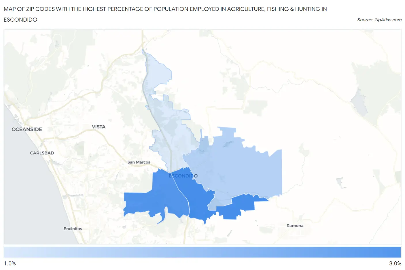 Zip Codes with the Highest Percentage of Population Employed in Agriculture, Fishing & Hunting in Escondido Map