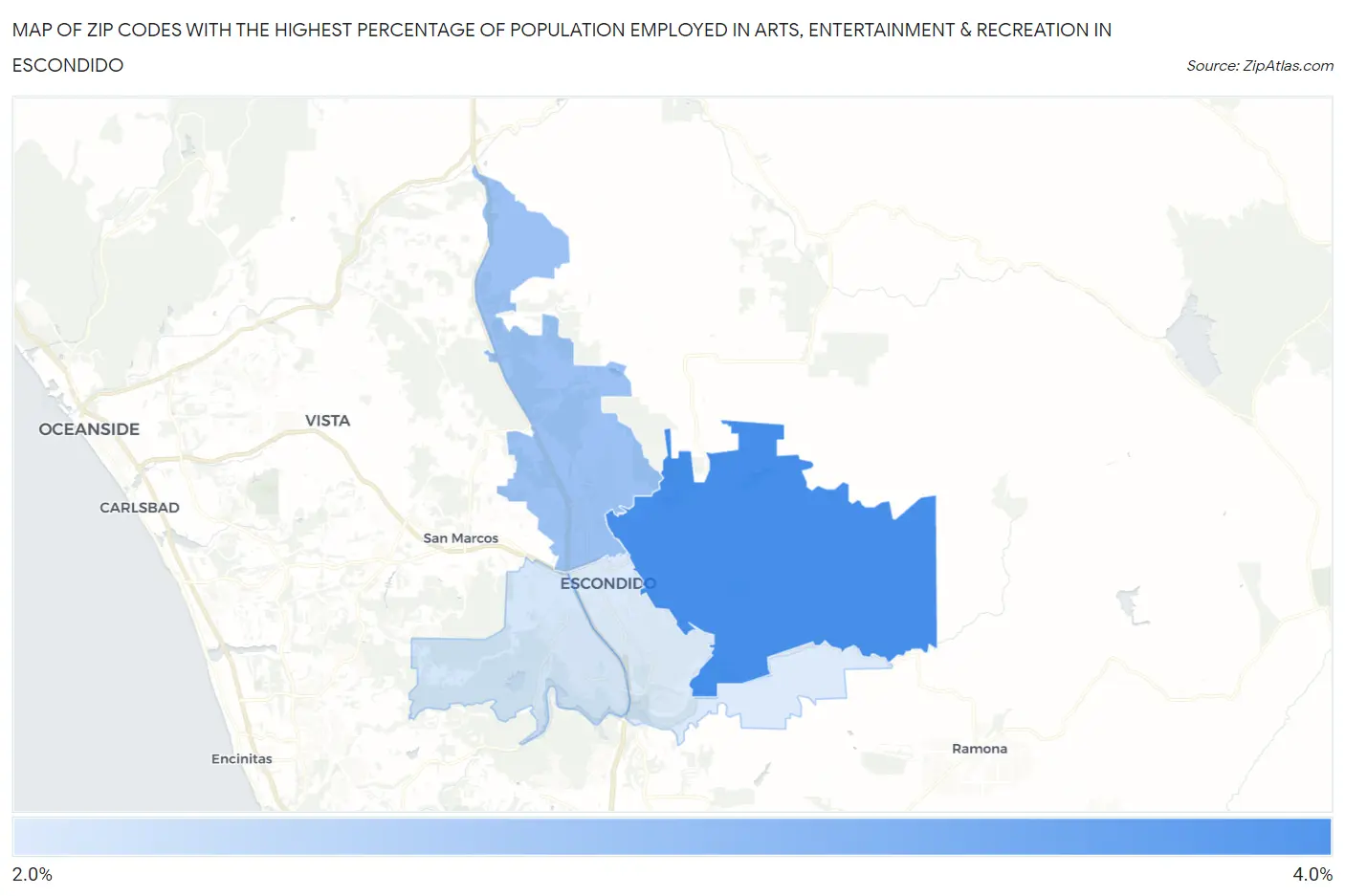 Zip Codes with the Highest Percentage of Population Employed in Arts, Entertainment & Recreation in Escondido Map