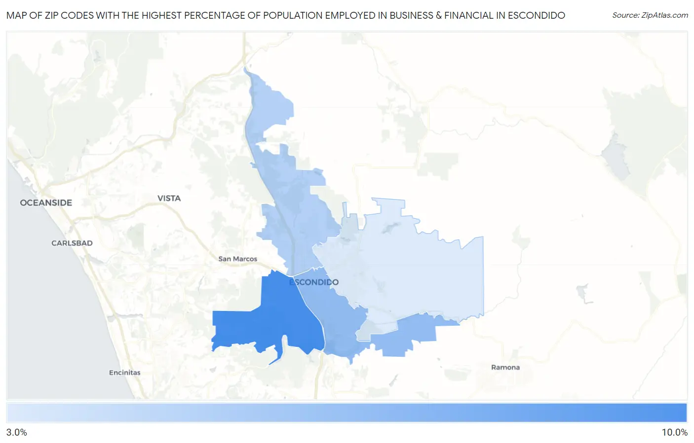 Zip Codes with the Highest Percentage of Population Employed in Business & Financial in Escondido Map