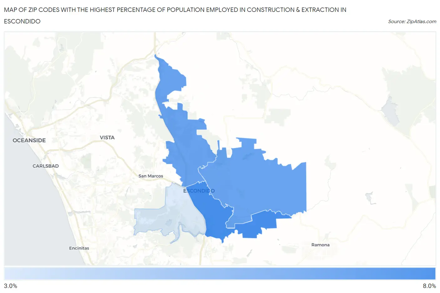Zip Codes with the Highest Percentage of Population Employed in Construction & Extraction in Escondido Map