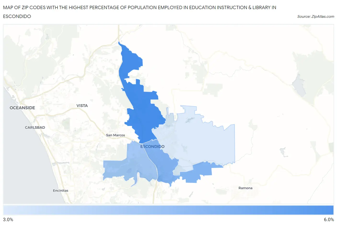 Zip Codes with the Highest Percentage of Population Employed in Education Instruction & Library in Escondido Map