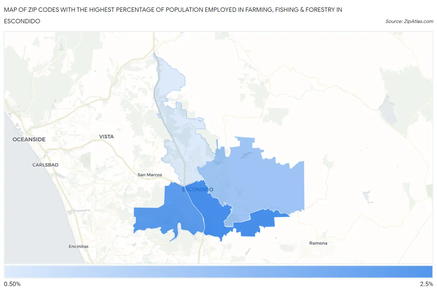 Zip Codes with the Highest Percentage of Population Employed in Farming, Fishing & Forestry in Escondido Map