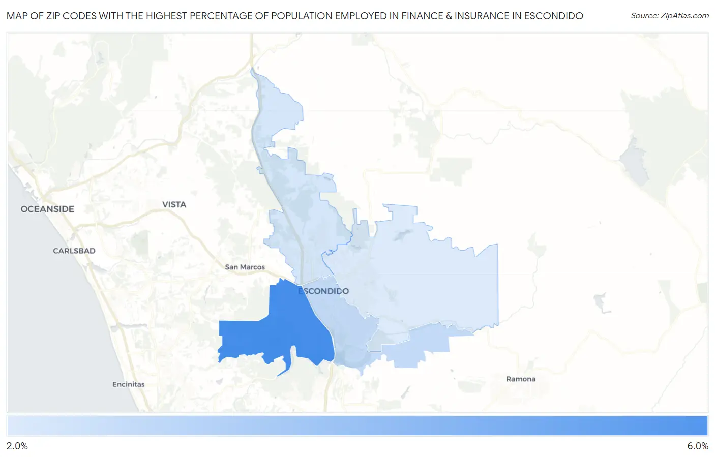 Zip Codes with the Highest Percentage of Population Employed in Finance & Insurance in Escondido Map