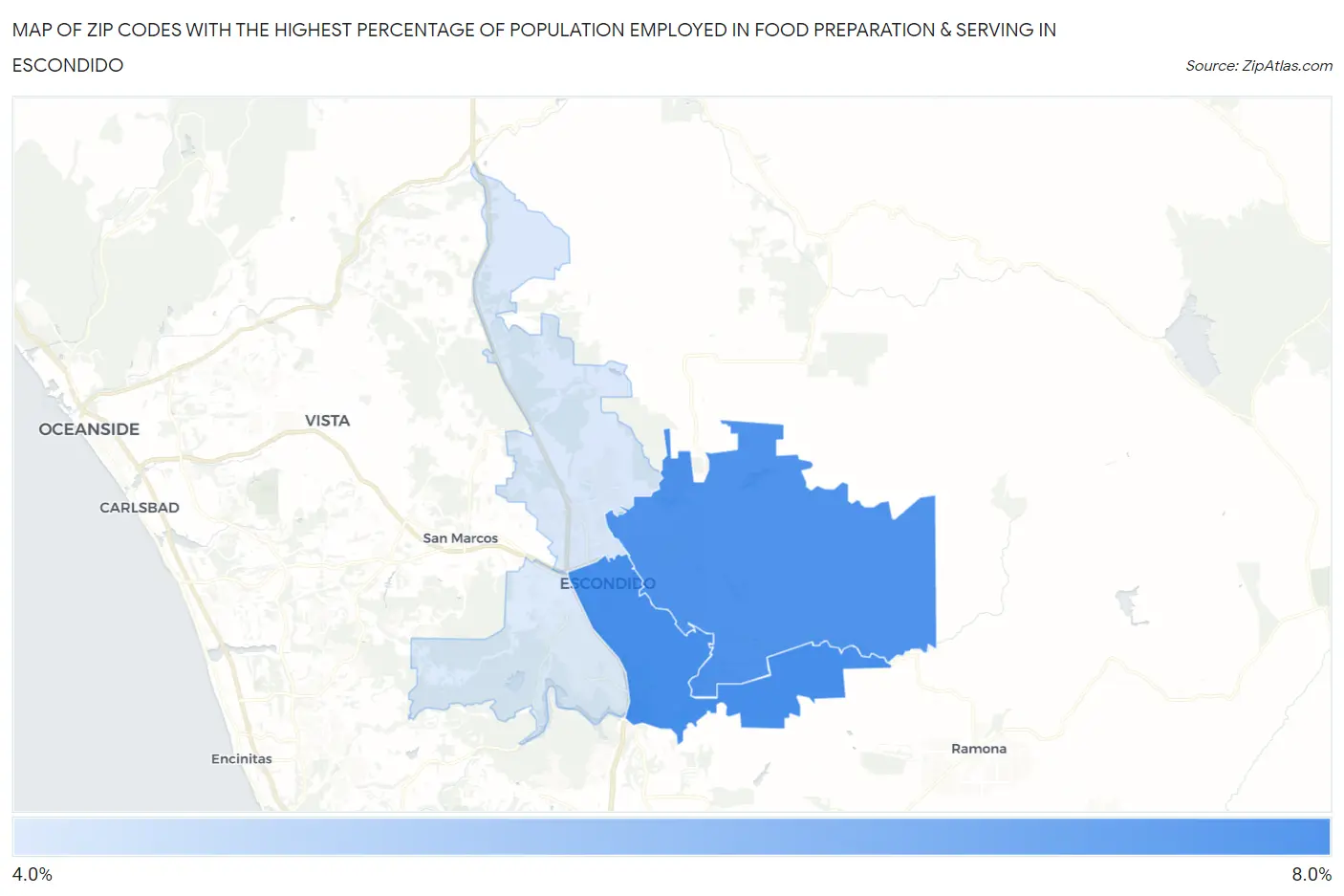 Zip Codes with the Highest Percentage of Population Employed in Food Preparation & Serving in Escondido Map