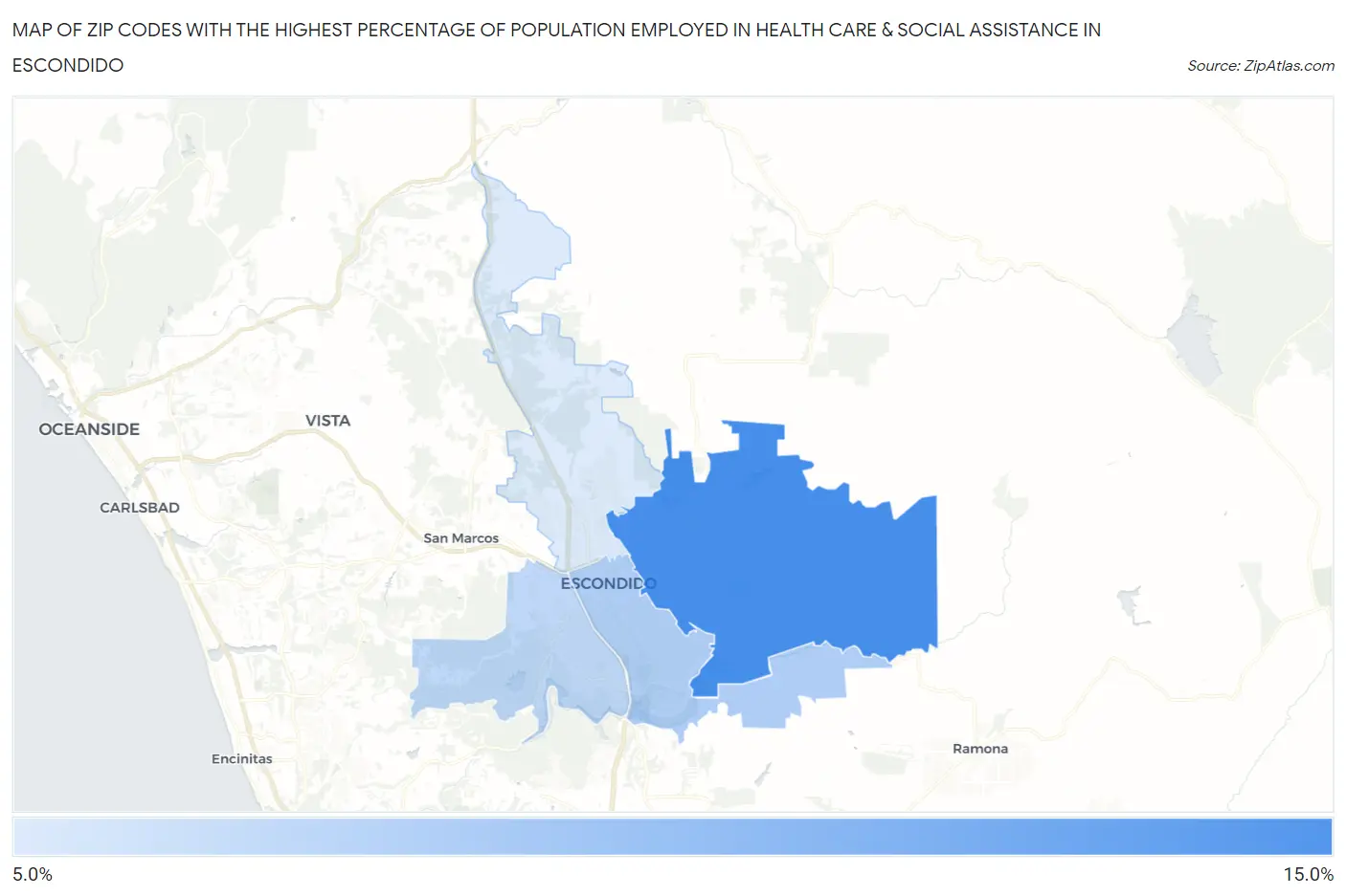 Zip Codes with the Highest Percentage of Population Employed in Health Care & Social Assistance in Escondido Map