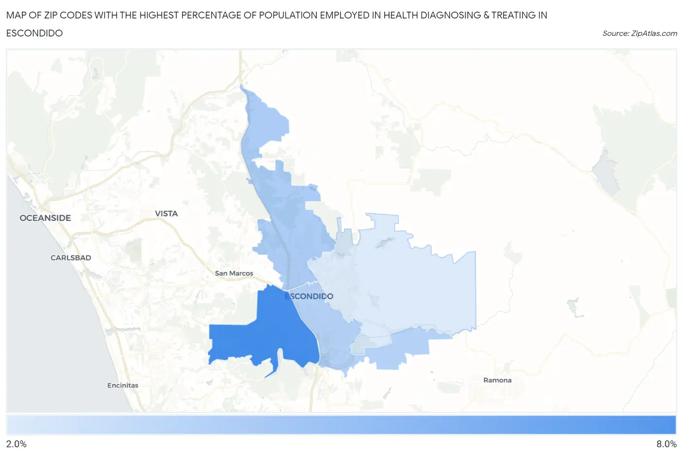 Zip Codes with the Highest Percentage of Population Employed in Health Diagnosing & Treating in Escondido Map