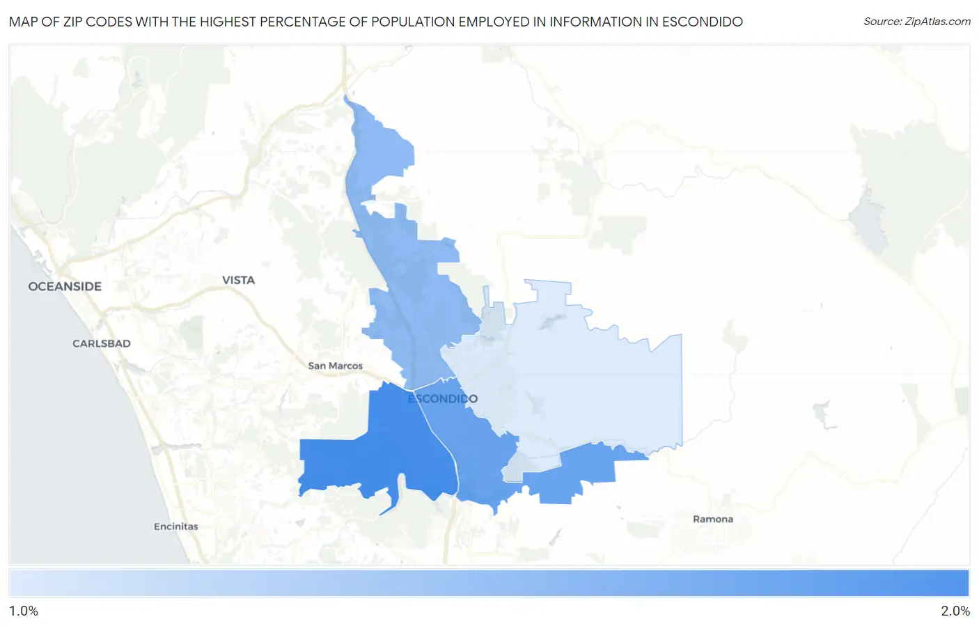 Zip Codes with the Highest Percentage of Population Employed in Information in Escondido Map
