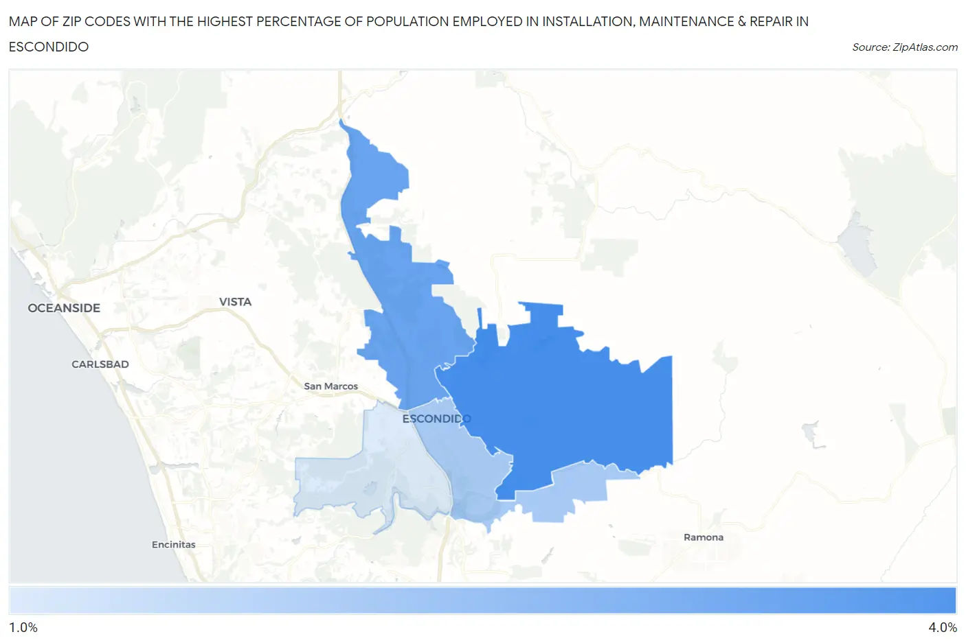 Zip Codes with the Highest Percentage of Population Employed in Installation, Maintenance & Repair in Escondido Map