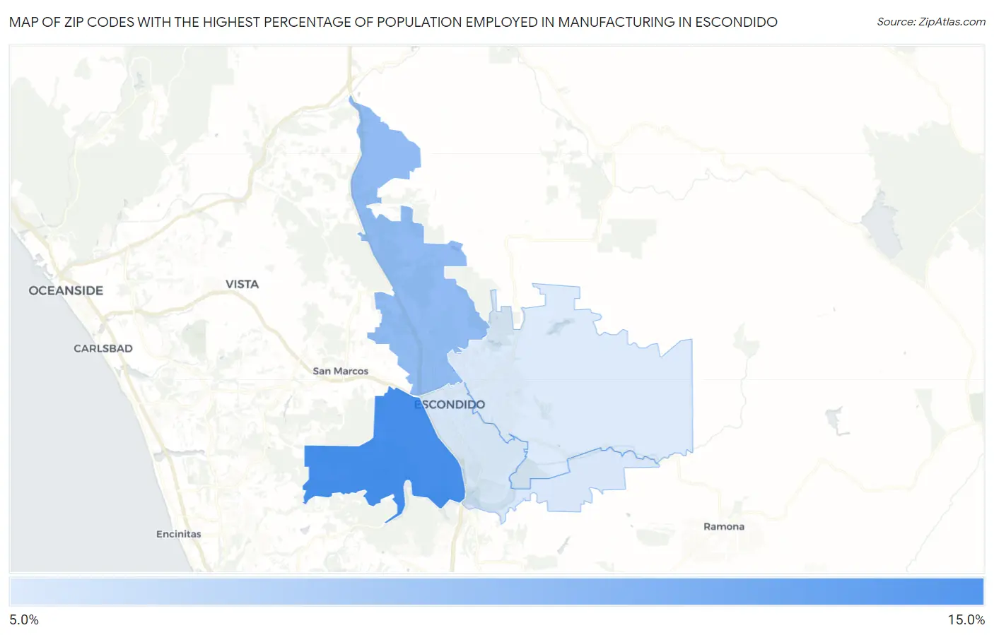 Zip Codes with the Highest Percentage of Population Employed in Manufacturing in Escondido Map