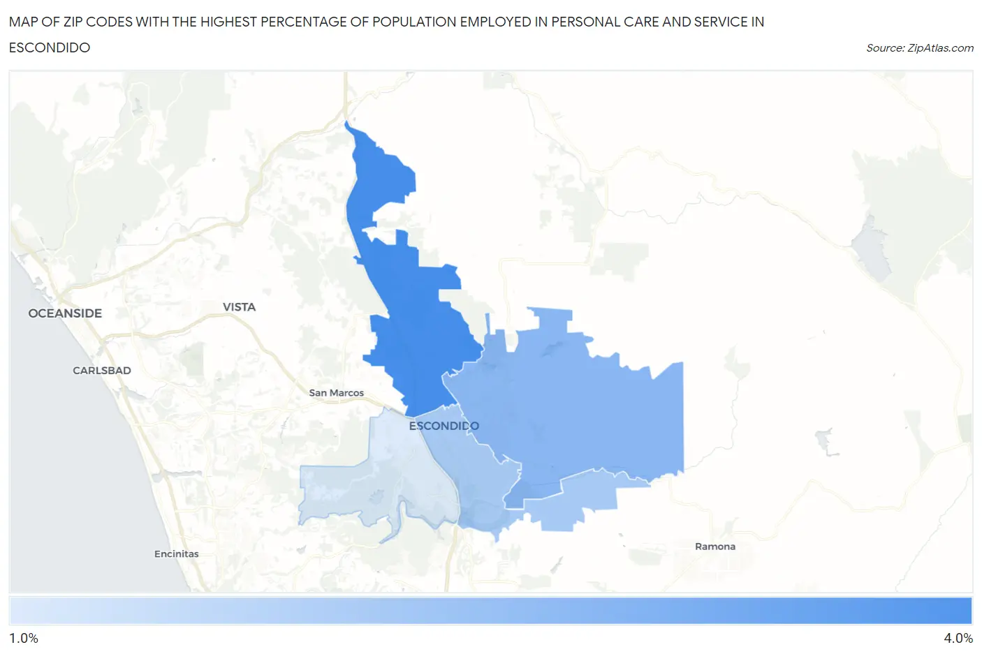 Zip Codes with the Highest Percentage of Population Employed in Personal Care and Service in Escondido Map