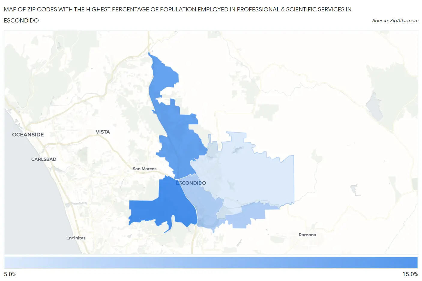 Zip Codes with the Highest Percentage of Population Employed in Professional & Scientific Services in Escondido Map