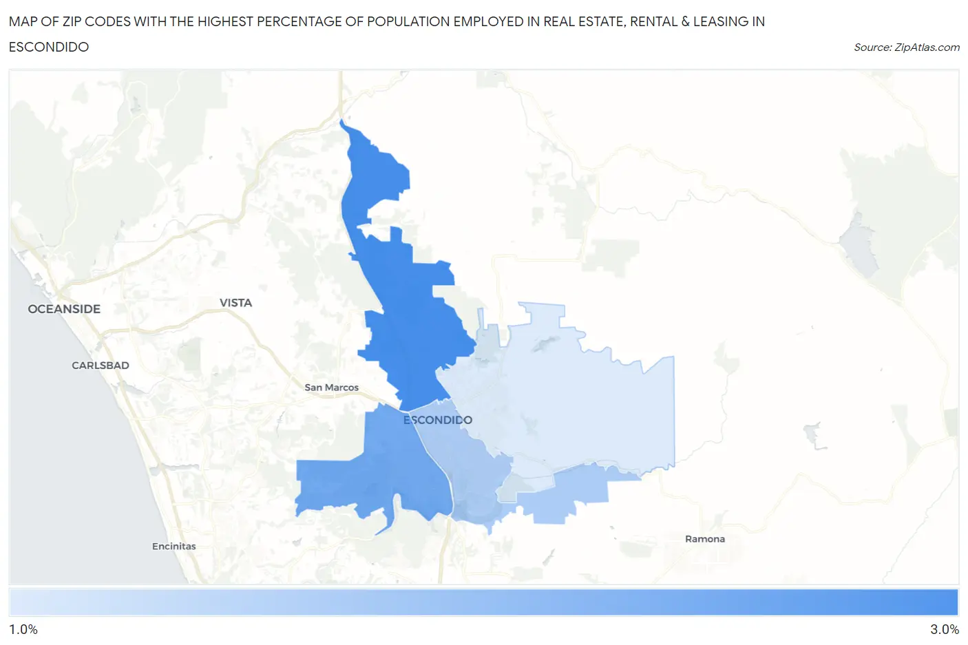 Zip Codes with the Highest Percentage of Population Employed in Real Estate, Rental & Leasing in Escondido Map
