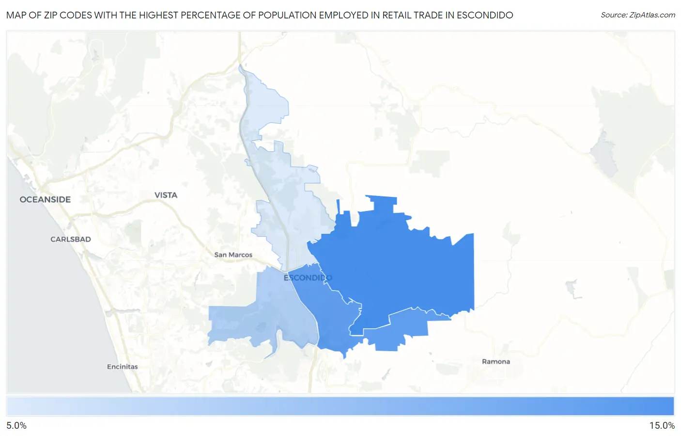 Zip Codes with the Highest Percentage of Population Employed in Retail Trade in Escondido Map