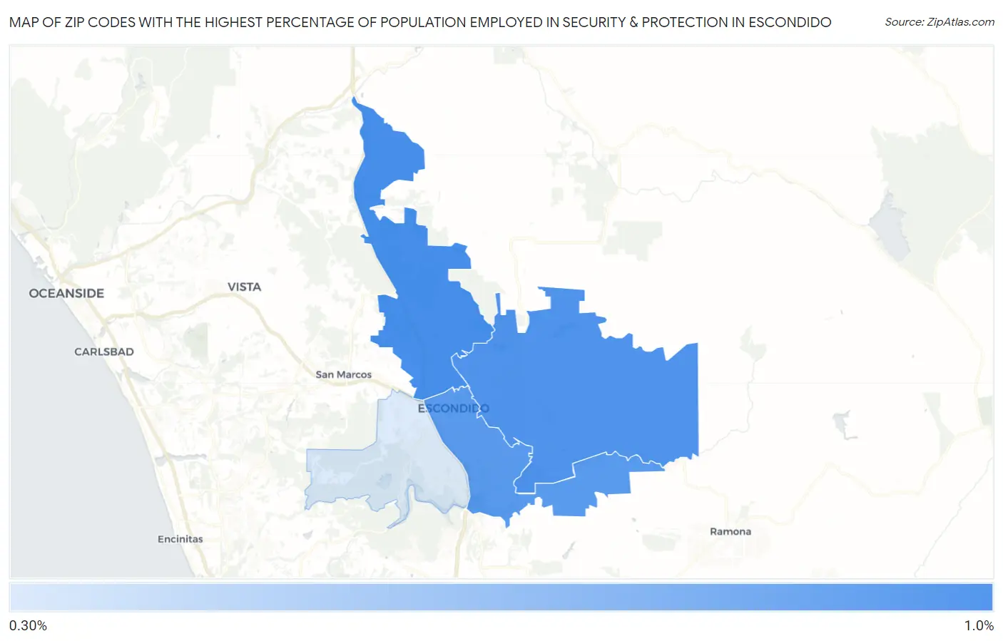 Zip Codes with the Highest Percentage of Population Employed in Security & Protection in Escondido Map