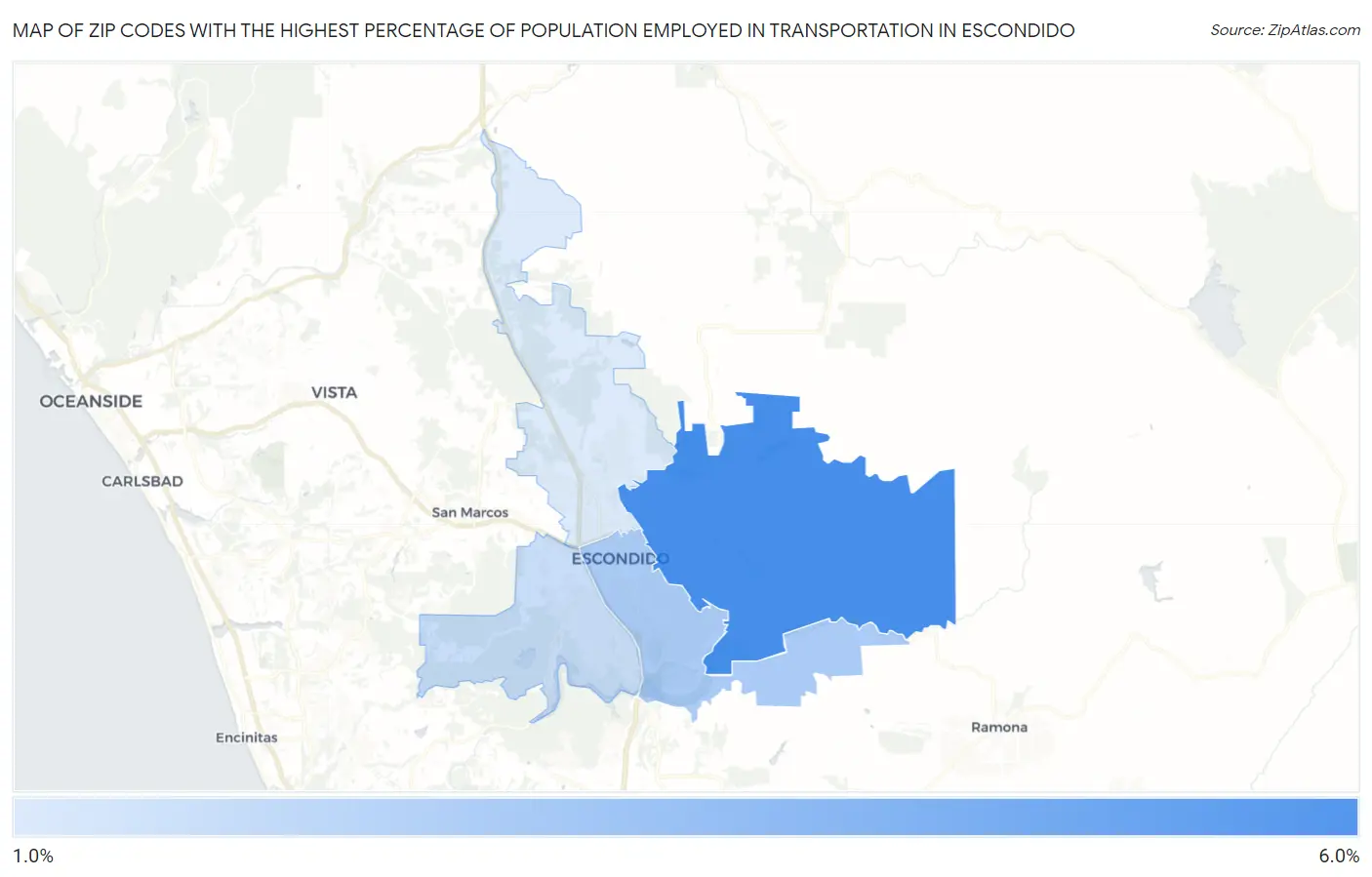 Zip Codes with the Highest Percentage of Population Employed in Transportation in Escondido Map