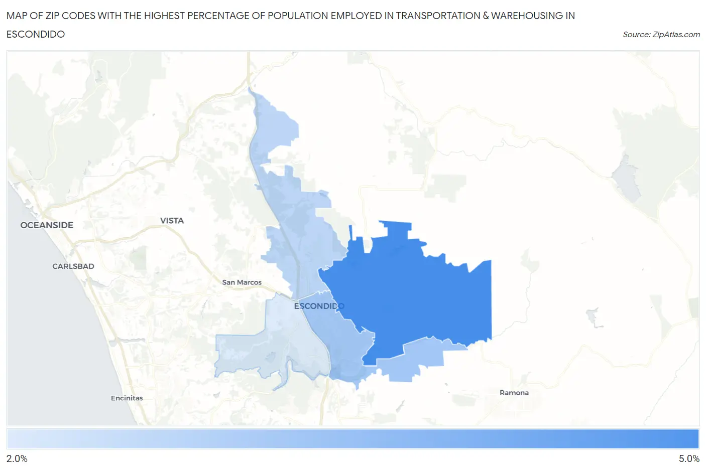 Zip Codes with the Highest Percentage of Population Employed in Transportation & Warehousing in Escondido Map