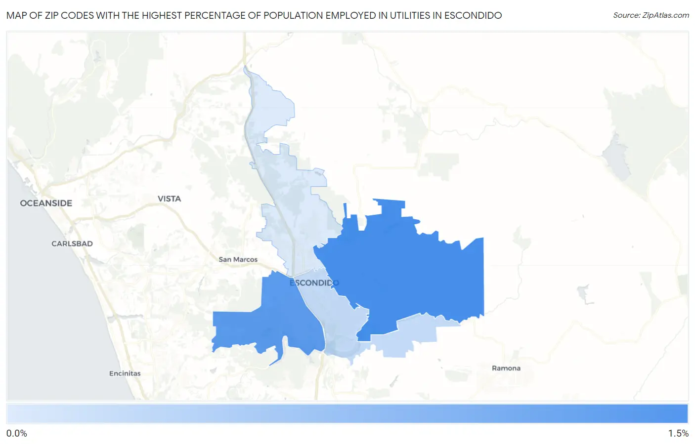 Zip Codes with the Highest Percentage of Population Employed in Utilities in Escondido Map