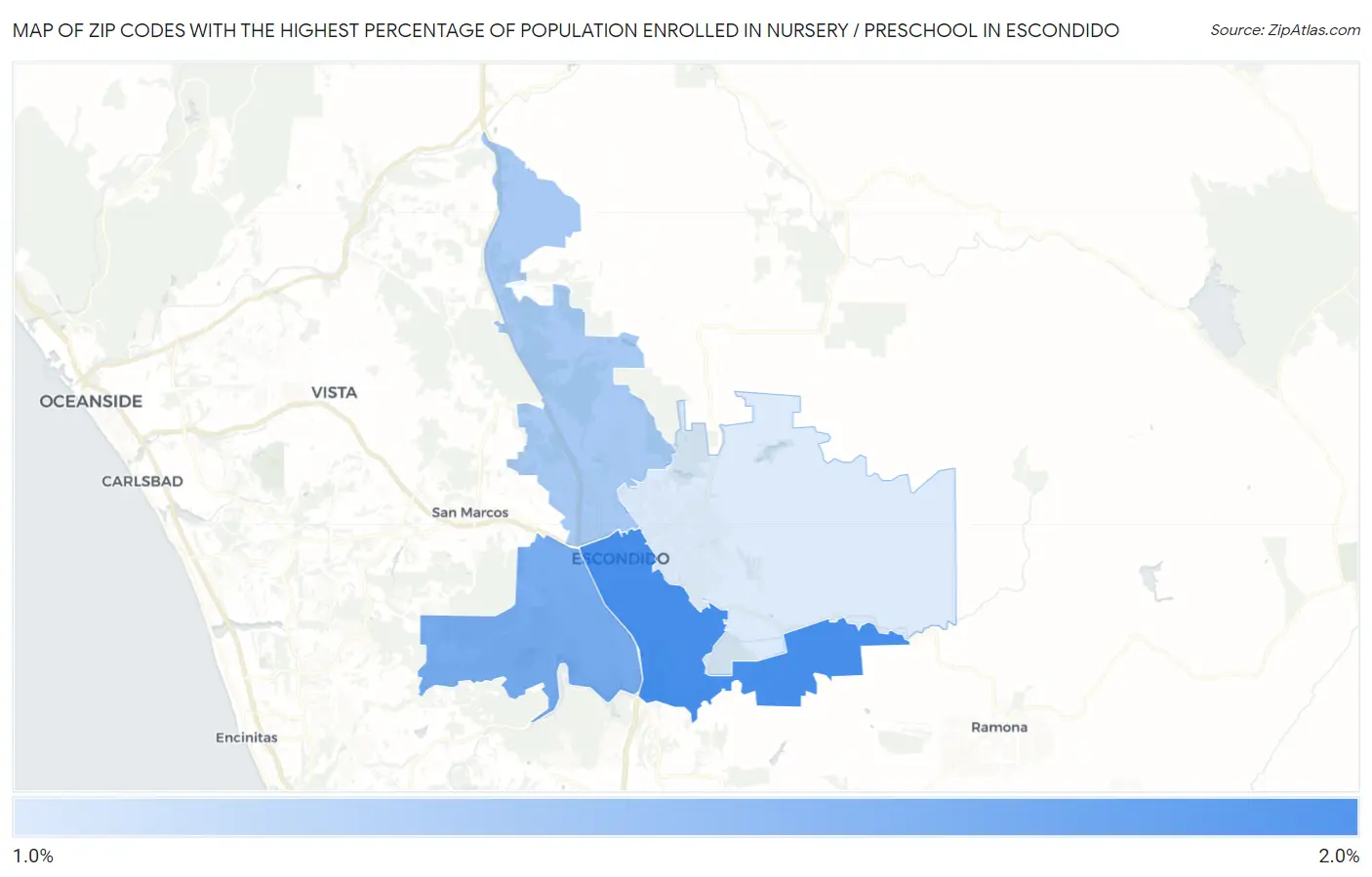 Zip Codes with the Highest Percentage of Population Enrolled in Nursery / Preschool in Escondido Map