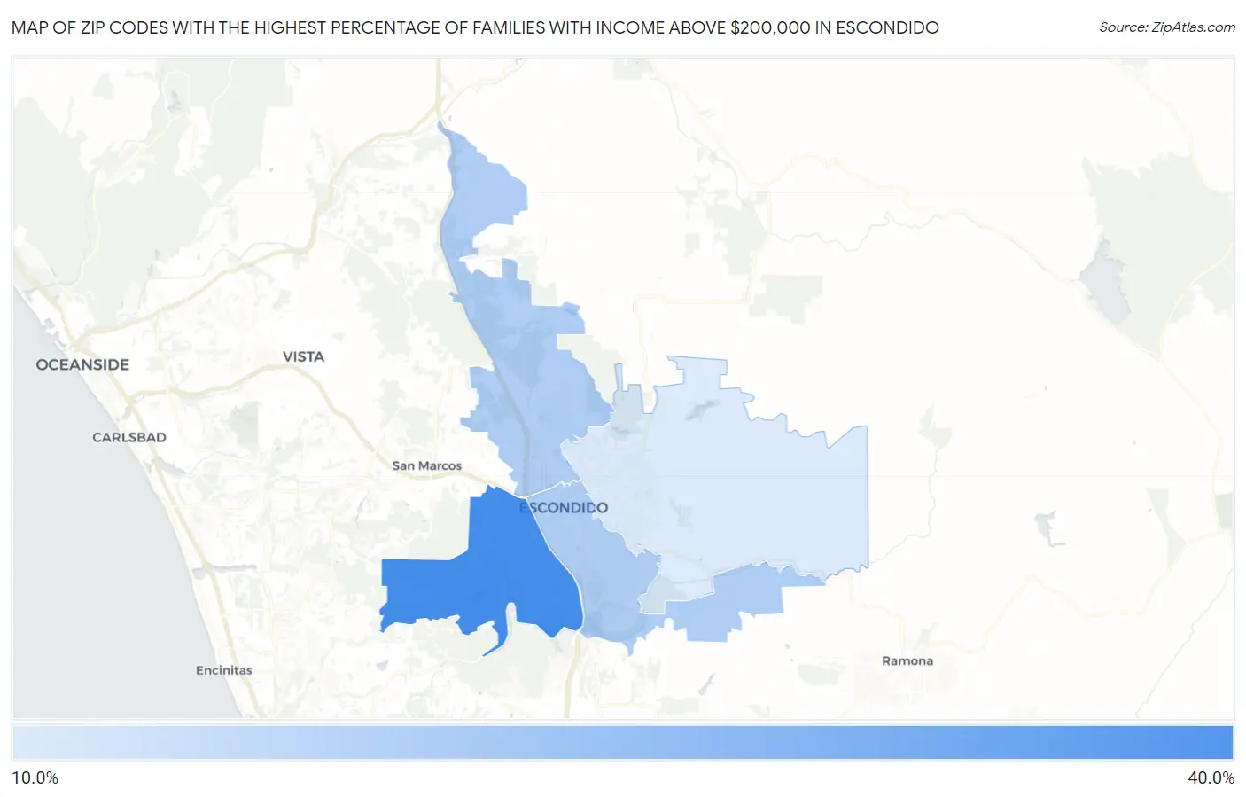 Zip Codes with the Highest Percentage of Families with Income Above $200,000 in Escondido Map
