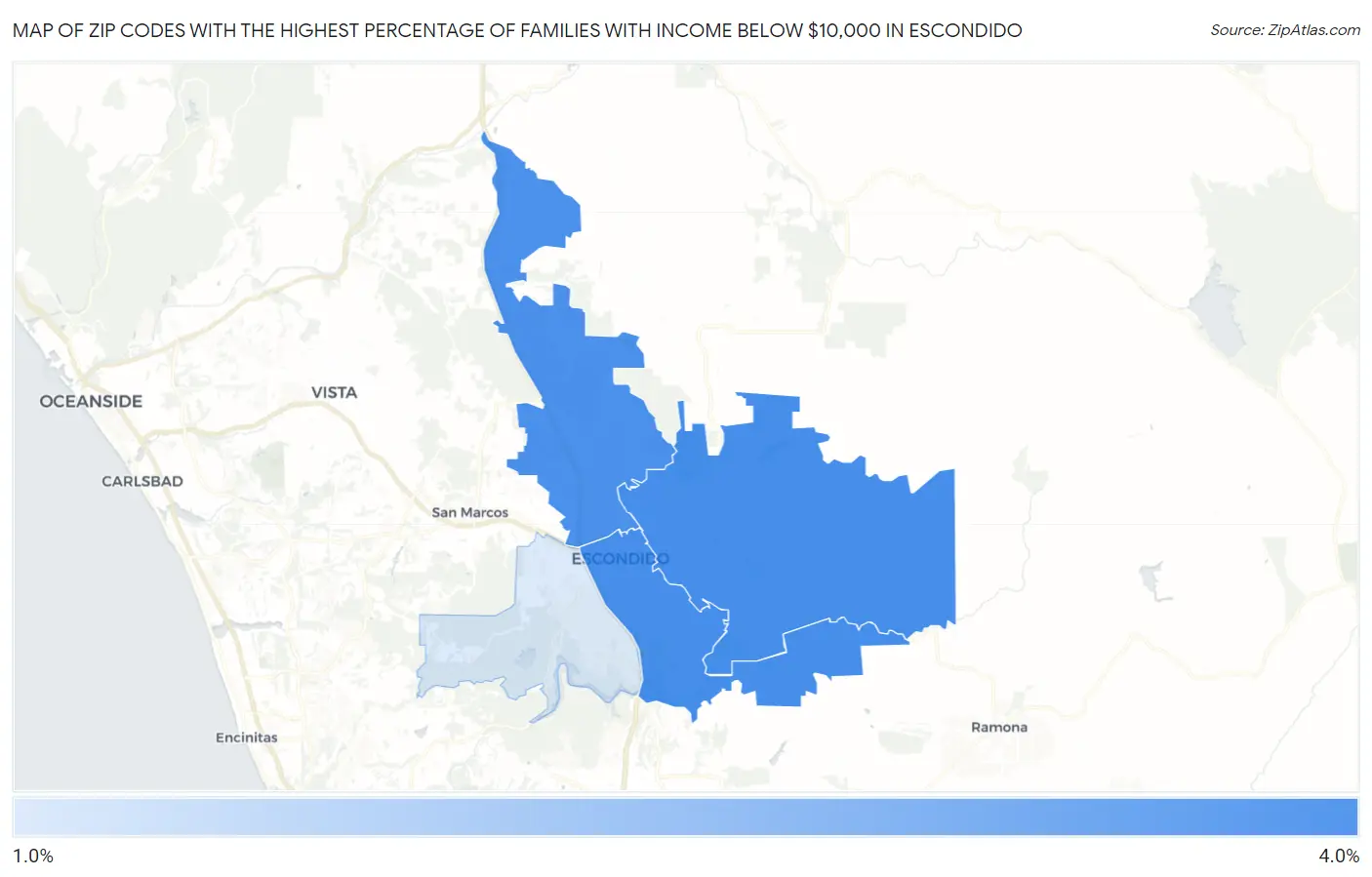 Zip Codes with the Highest Percentage of Families with Income Below $10,000 in Escondido Map