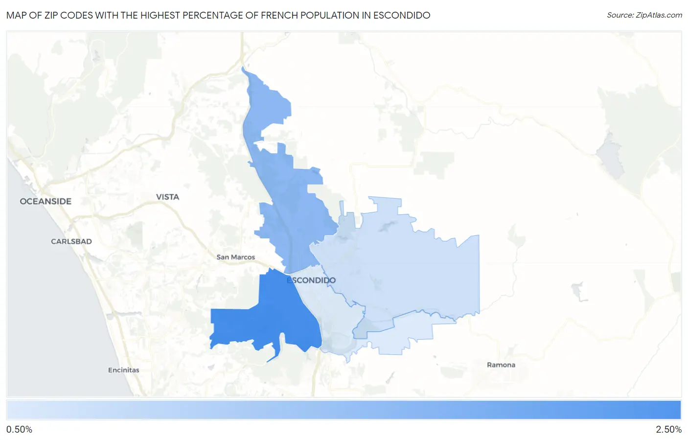 Zip Codes with the Highest Percentage of French Population in Escondido Map