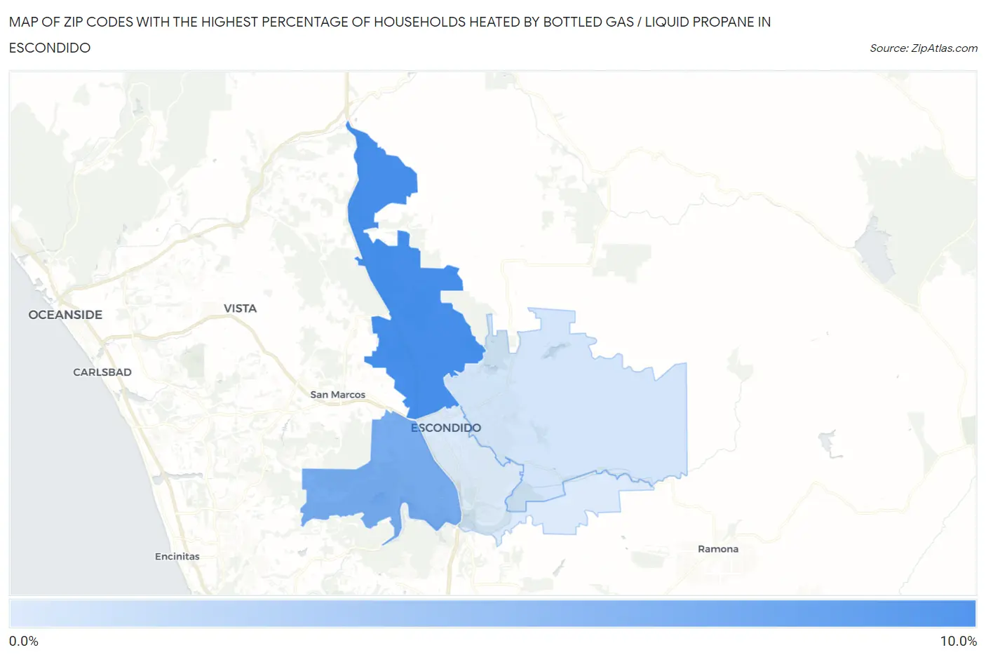 Zip Codes with the Highest Percentage of Households Heated by Bottled Gas / Liquid Propane in Escondido Map