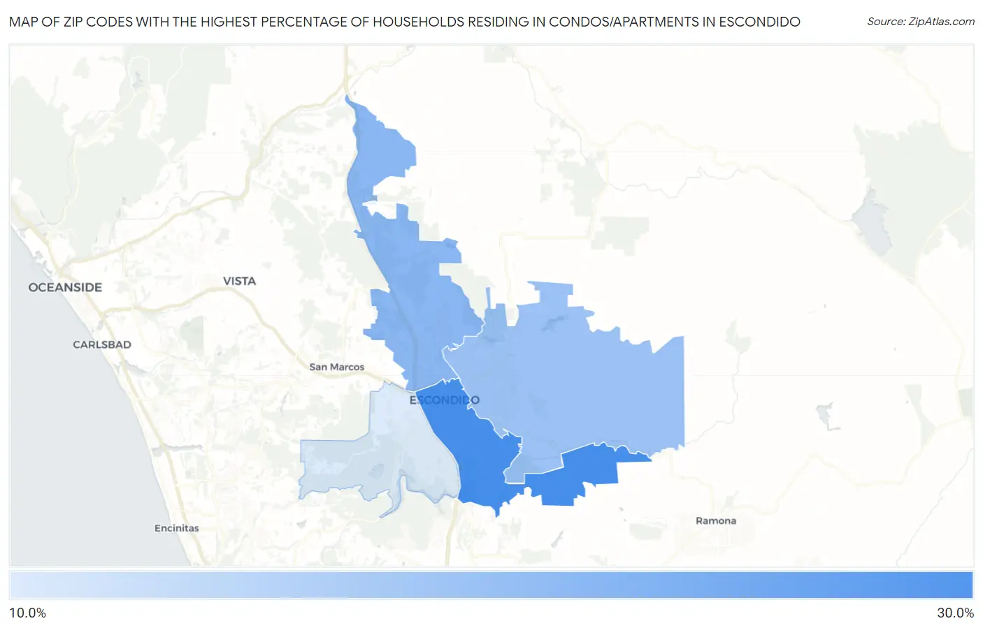Zip Codes with the Highest Percentage of Households Residing in Condos/Apartments in Escondido Map