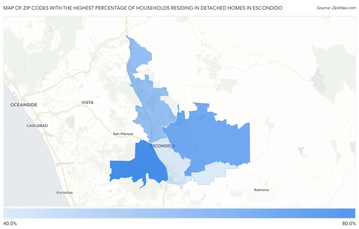 Zip Codes with the Highest Percentage of Households Residing in Detached Homes in Escondido Map