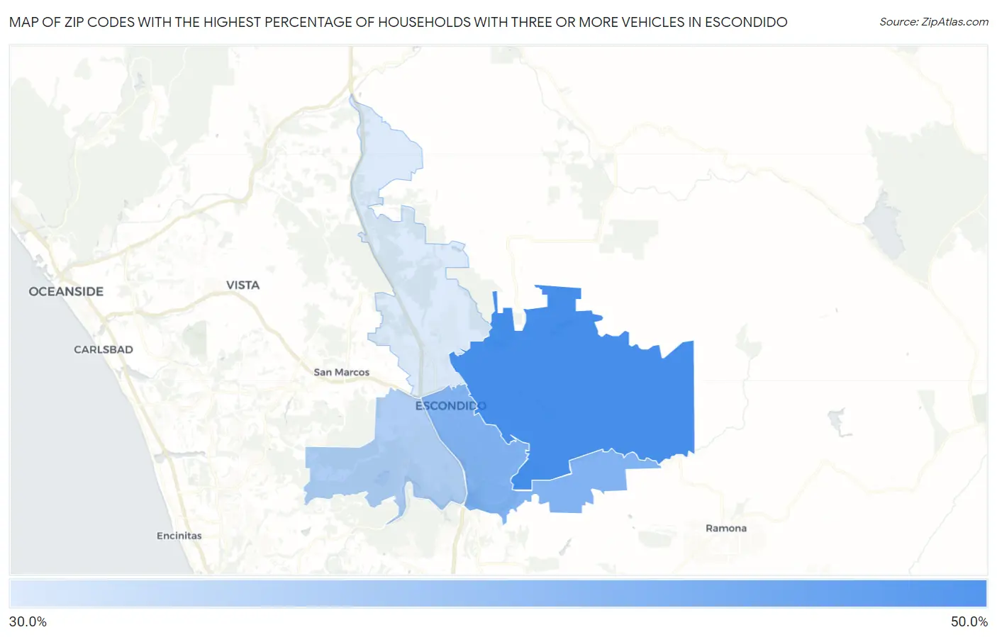 Zip Codes with the Highest Percentage of Households With Three or more Vehicles in Escondido Map