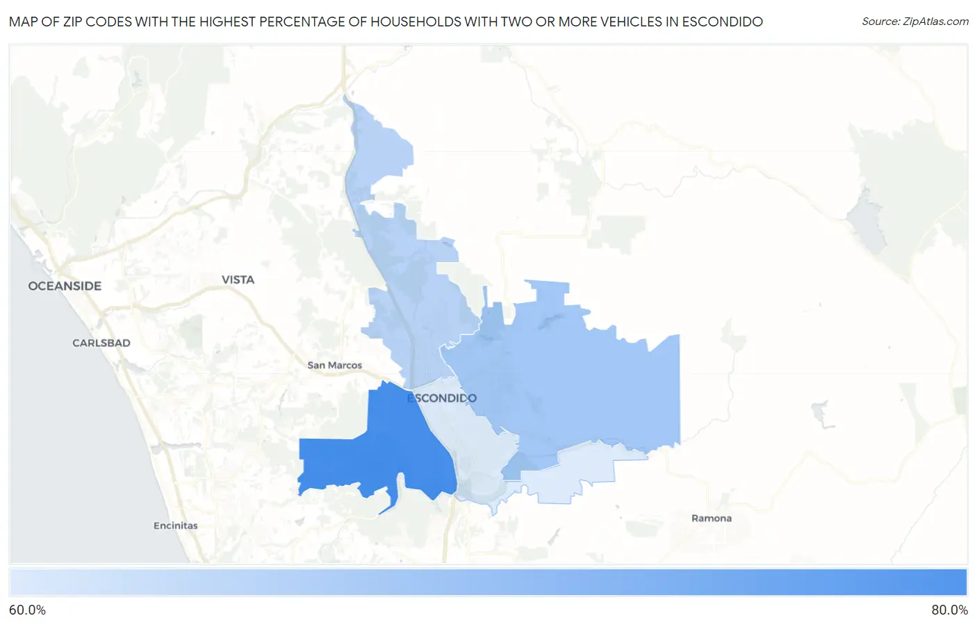 Zip Codes with the Highest Percentage of Households With Two or more Vehicles in Escondido Map
