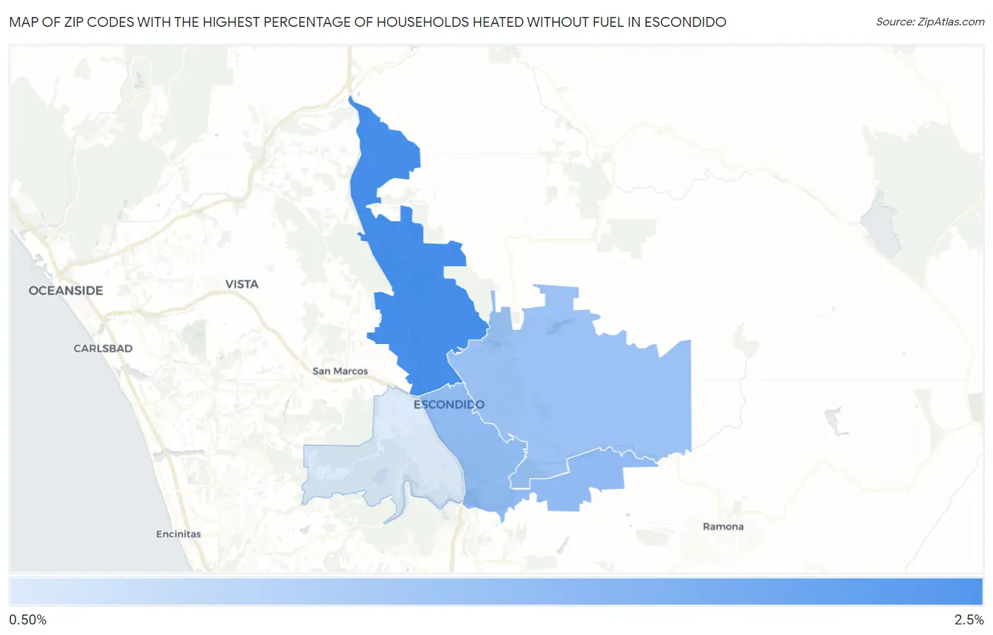 Zip Codes with the Highest Percentage of Households Heated without Fuel in Escondido Map