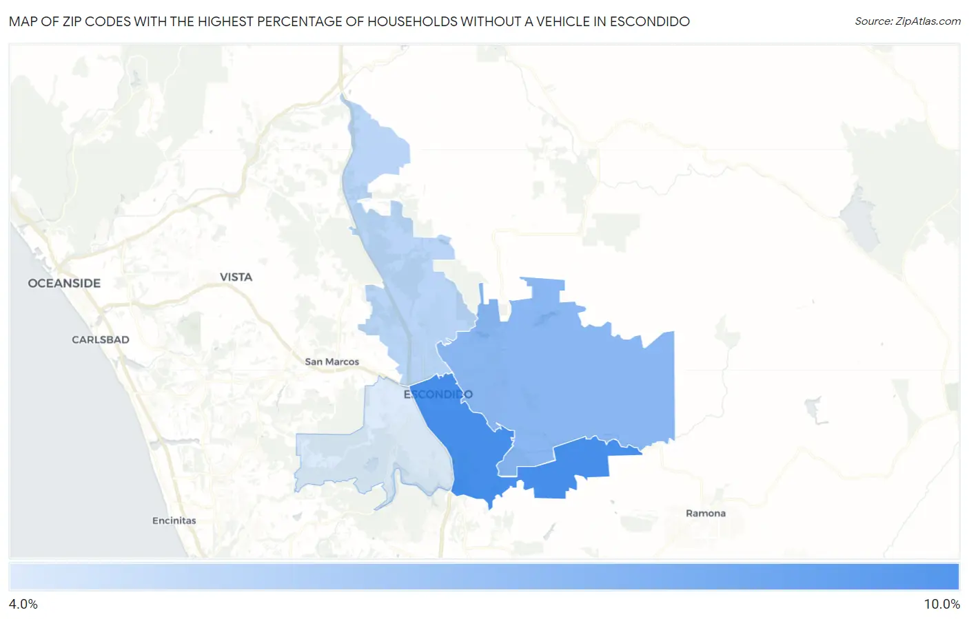 Zip Codes with the Highest Percentage of Households Without a Vehicle in Escondido Map