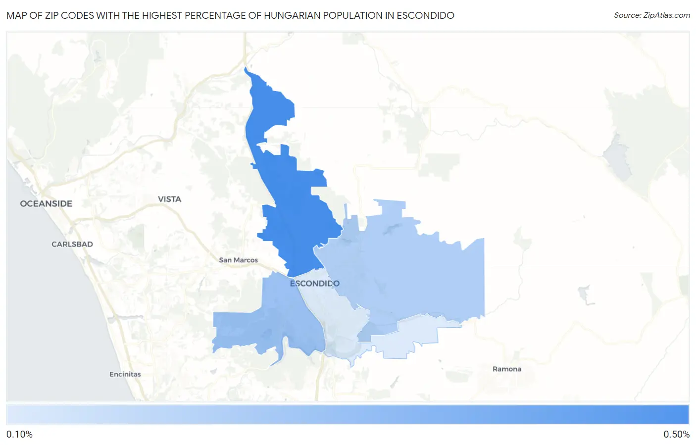 Zip Codes with the Highest Percentage of Hungarian Population in Escondido Map