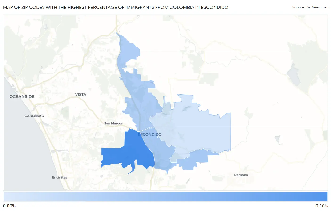 Zip Codes with the Highest Percentage of Immigrants from Colombia in Escondido Map