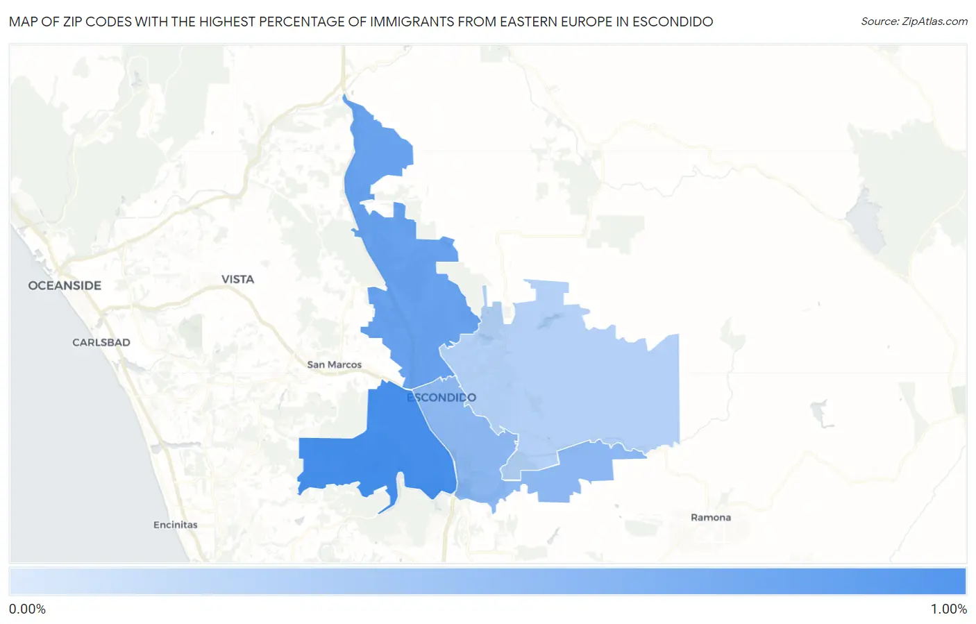 Zip Codes with the Highest Percentage of Immigrants from Eastern Europe in Escondido Map