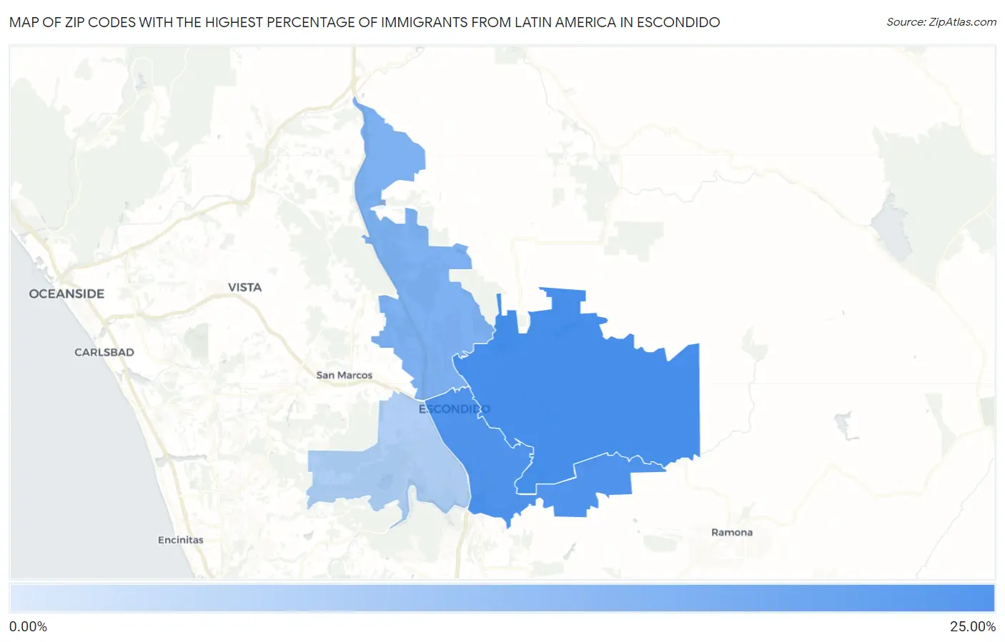 Zip Codes with the Highest Percentage of Immigrants from Latin America in Escondido Map