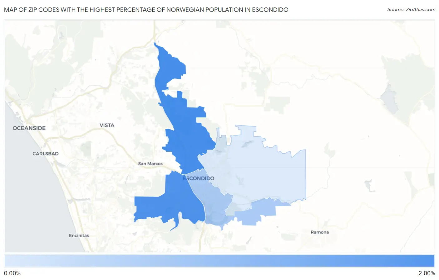 Zip Codes with the Highest Percentage of Norwegian Population in Escondido Map