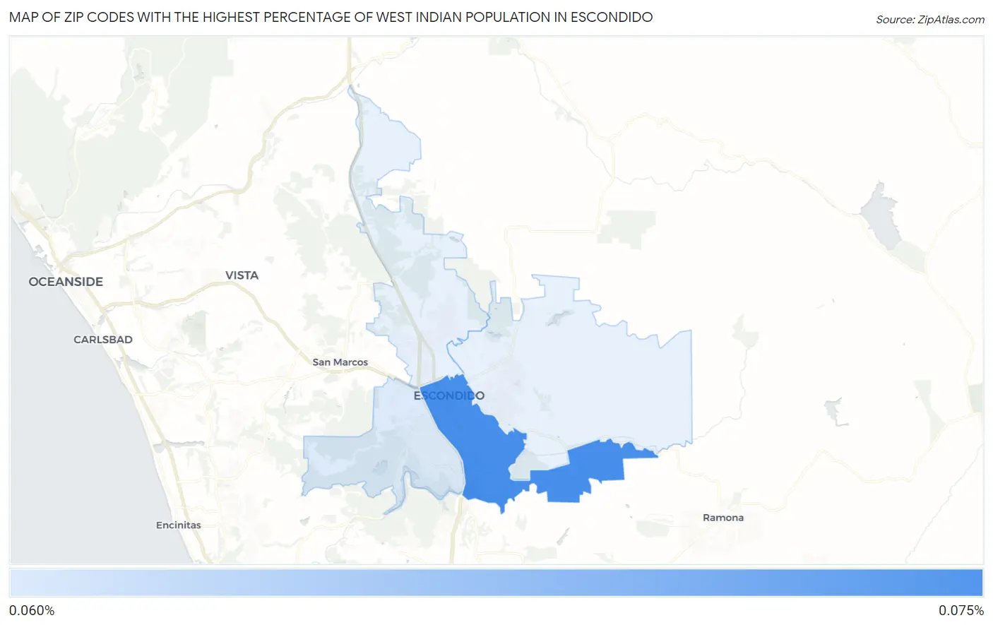 Zip Codes with the Highest Percentage of West Indian Population in Escondido Map
